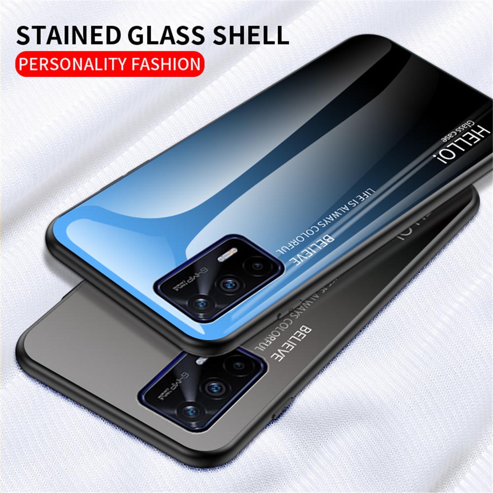 Color Gradient Design Anti-Scratch Tempered Glass + TPU Frame Cell Phone Back Case for Realme GT 5G - Red/Black-3