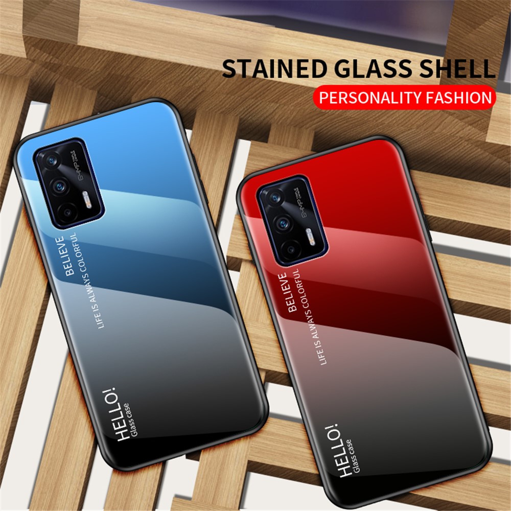 Color Gradient Design Anti-Scratch Tempered Glass + TPU Frame Cell Phone Back Case for Realme GT 5G - Red/Black-4