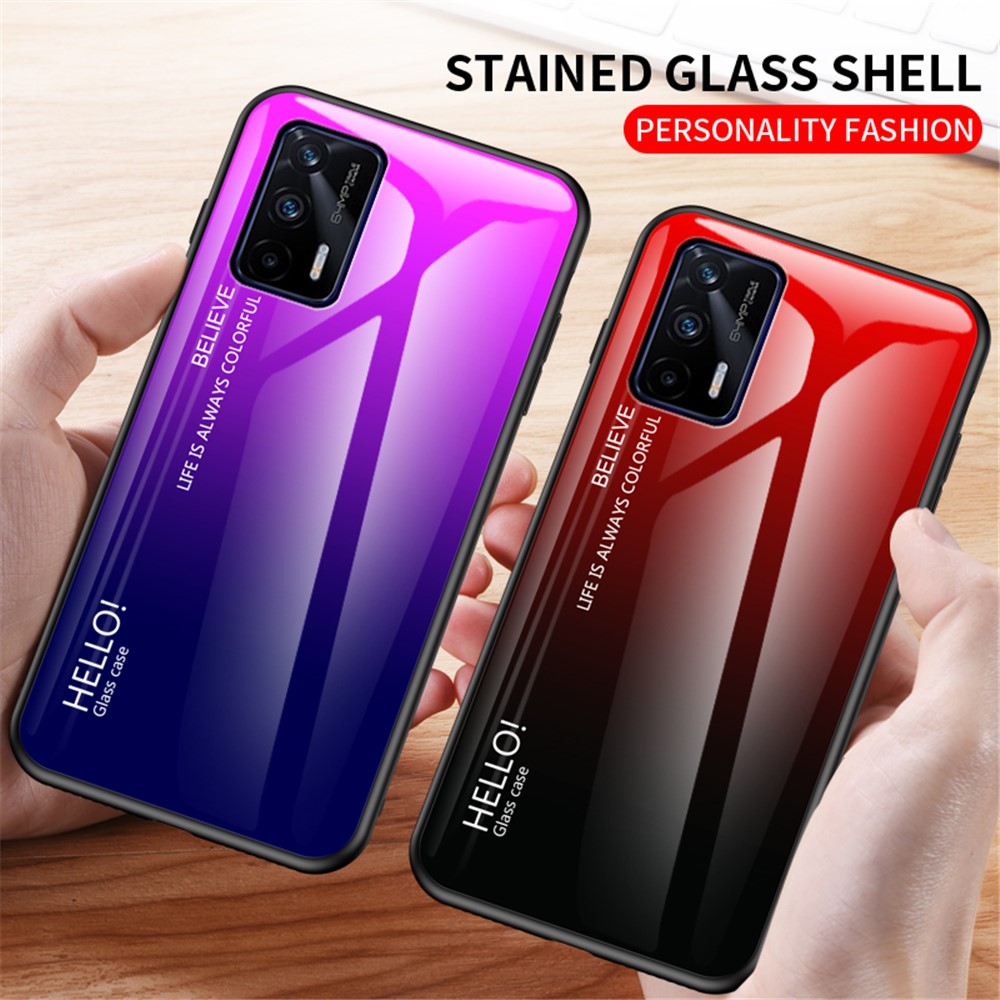 Color Gradient Design Anti-Scratch Tempered Glass + TPU Frame Cell Phone Back Case for Realme GT 5G - Red/Black-5