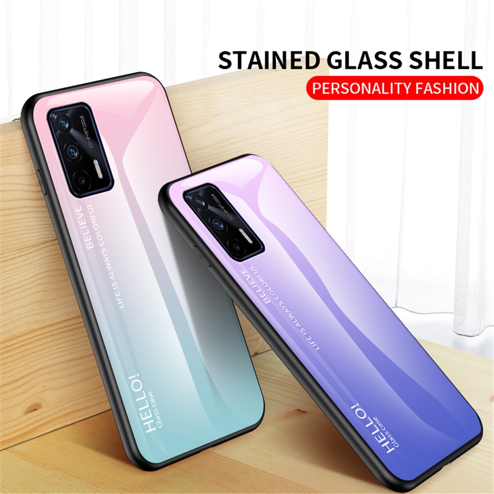 Color Gradient Design Anti-Scratch Tempered Glass + TPU Frame Cell Phone Back Case for Realme GT 5G - Red/Black-6