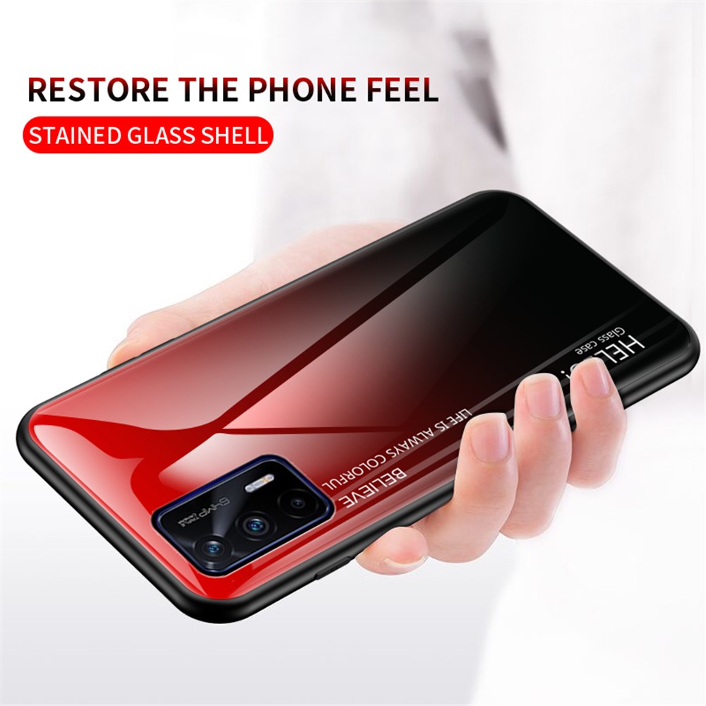Color Gradient Design Anti-Scratch Tempered Glass + TPU Frame Cell Phone Back Case for Realme GT 5G - Red/Black-7
