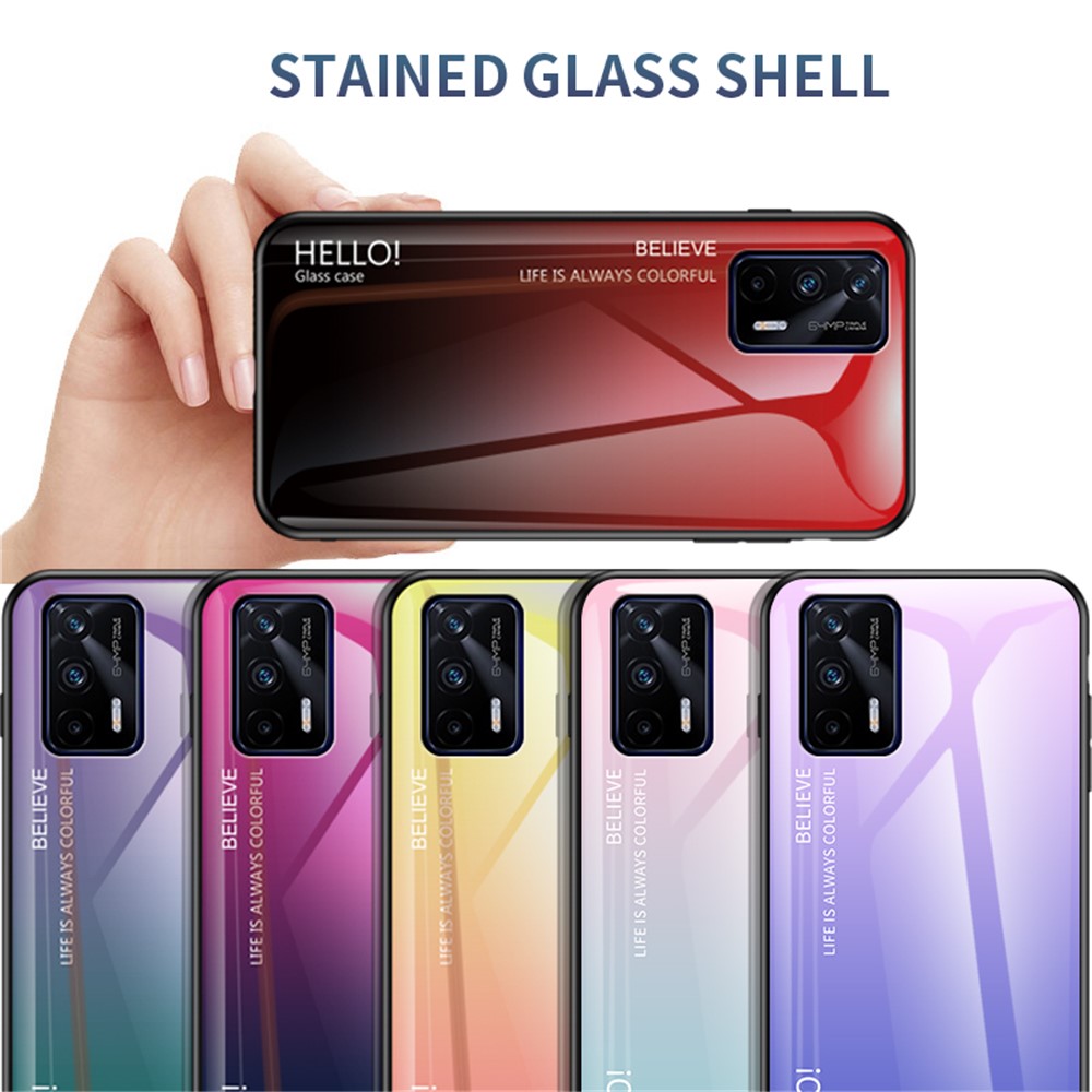 Color Gradient Design Anti-Scratch Tempered Glass + TPU Frame Cell Phone Back Case for Realme GT 5G - Red/Black-8
