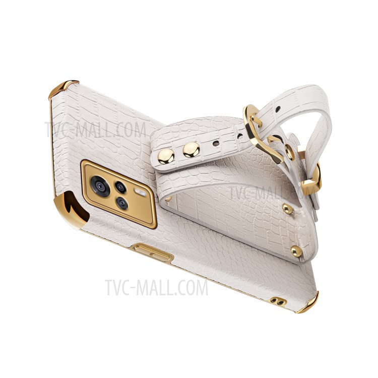 6D Electroplated Crocodile Texture PU Leather Coated TPU Phone Case with Kickstand for vivo S9e - White-13