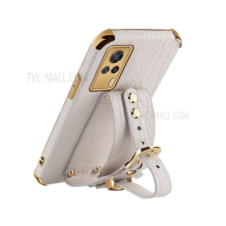 6D Electroplated Crocodile Texture PU Leather Coated TPU Phone Case with Kickstand for vivo S9e - White-4