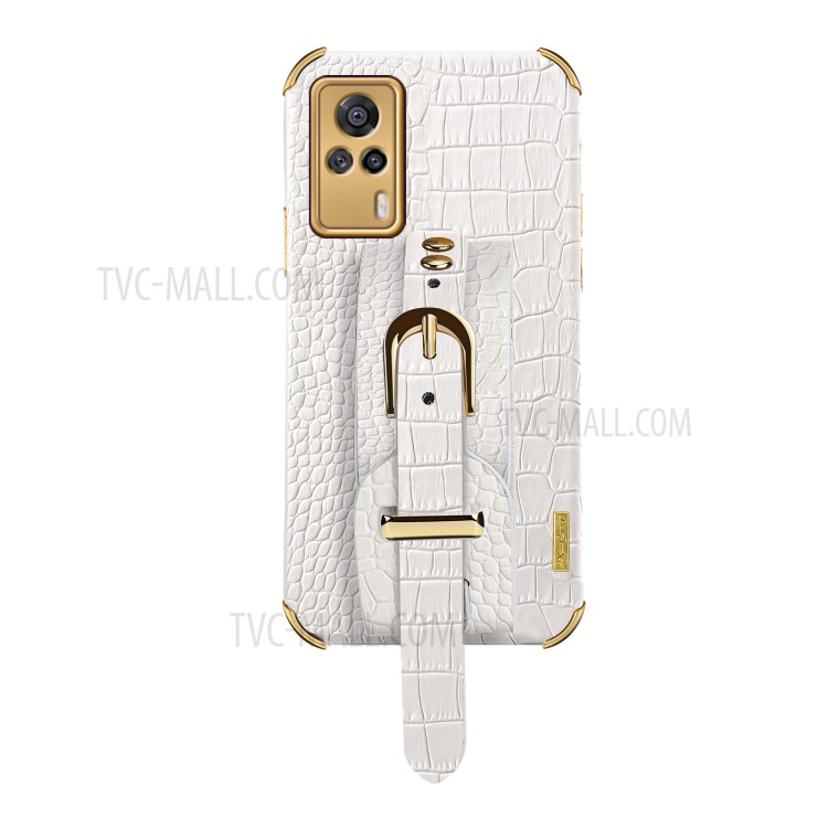 6D Electroplated Crocodile Texture PU Leather Coated TPU Phone Case with Kickstand for vivo S9e - White-6