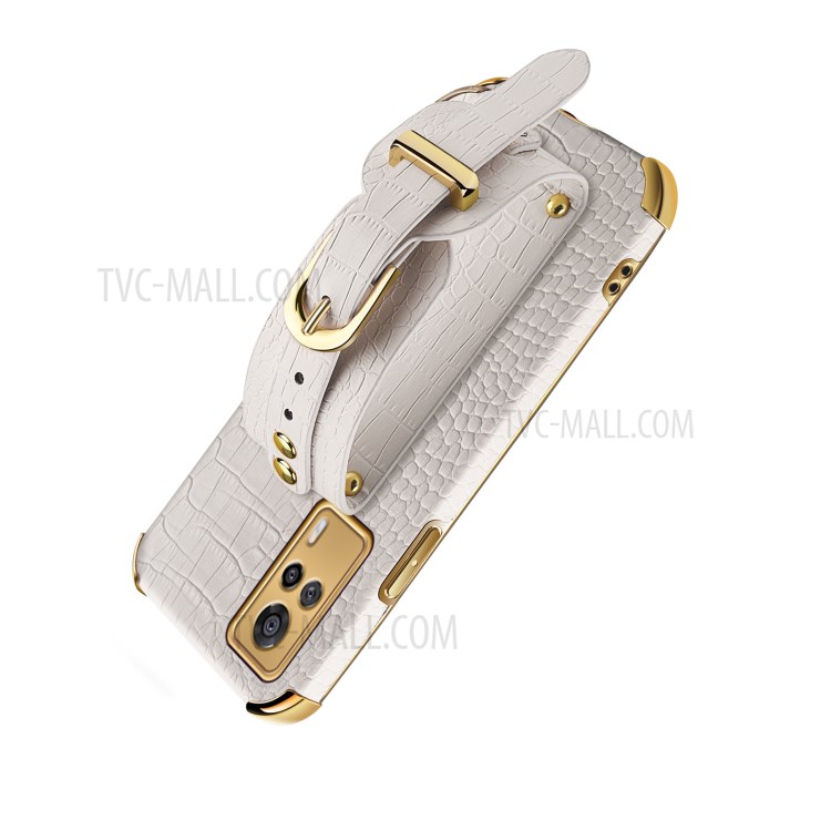 6D Electroplated Crocodile Texture PU Leather Coated TPU Phone Case with Kickstand for vivo S9e - White-7