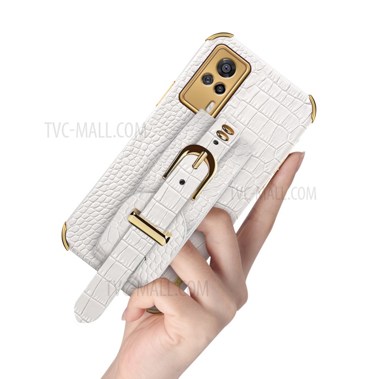 6D Electroplated Crocodile Texture PU Leather Coated TPU Phone Case with Kickstand for vivo S9e - White-9