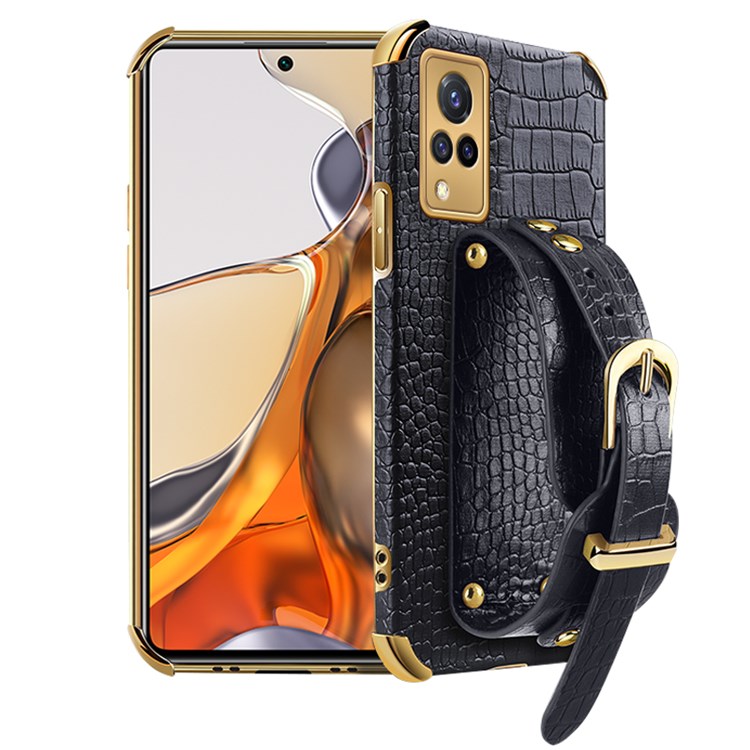 Strap Kickstand Design 6D Electroplated Crocodile Texture PU Leather Coated TPU Phone Case with for vivo S9 - Black-1