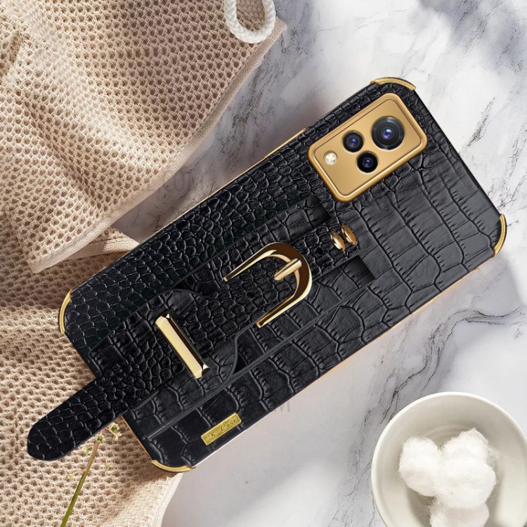 Strap Kickstand Design 6D Electroplated Crocodile Texture PU Leather Coated TPU Phone Case with for vivo S9 - Black-2