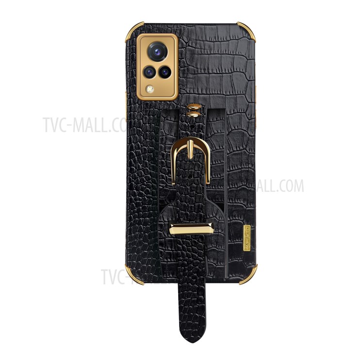 Strap Kickstand Design 6D Electroplated Crocodile Texture PU Leather Coated TPU Phone Case with for vivo S9 - Black-3