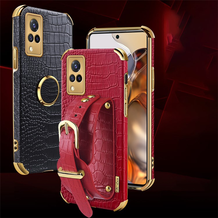 Strap Kickstand Design 6D Electroplated Crocodile Texture PU Leather Coated TPU Phone Case with for vivo S9 - Black-4