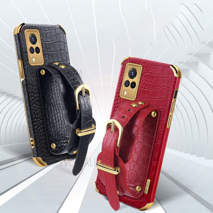 Strap Kickstand Design 6D Electroplated Crocodile Texture PU Leather Coated TPU Phone Case with for vivo S9 - Black-5