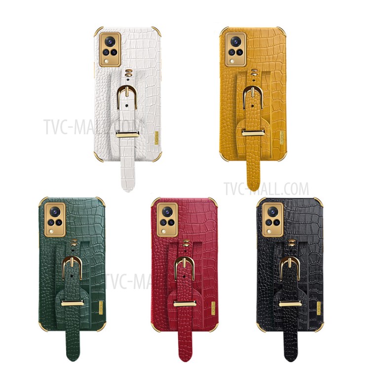 Strap Kickstand Design 6D Electroplated Crocodile Texture PU Leather Coated TPU Phone Case with for vivo S9 - Black-6