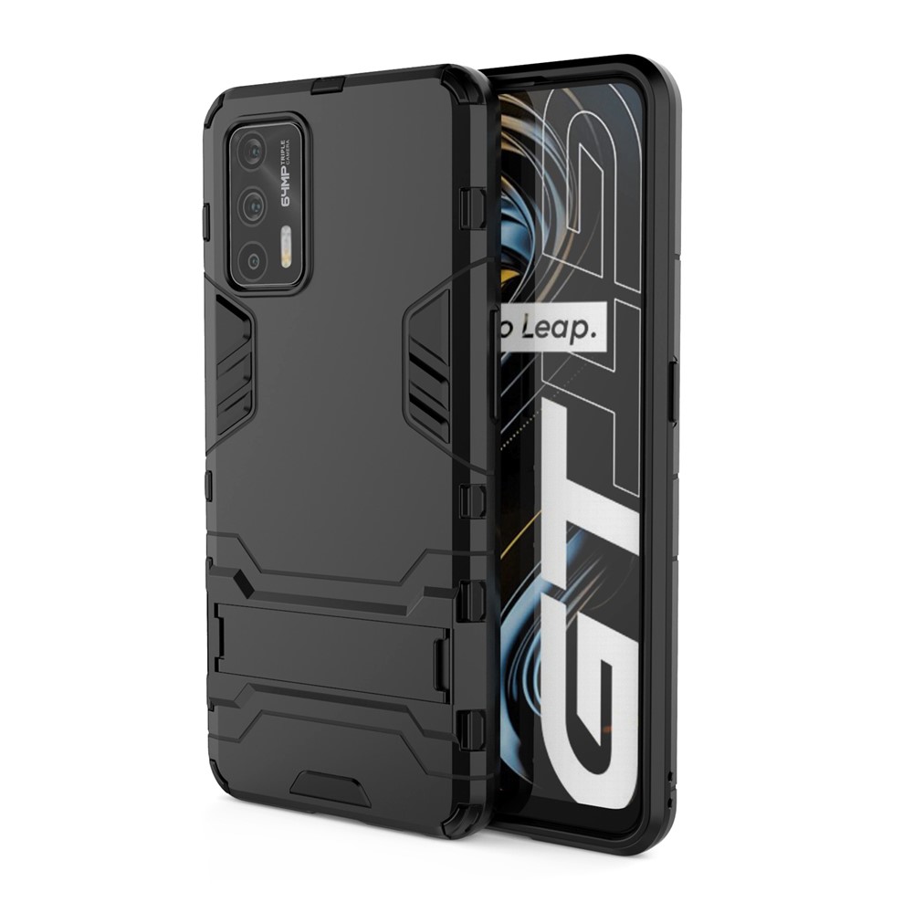 2 in 1 Plastic + TPU Combo Hybrid Phone Protector Cover Case with Kickstand for Realme GT 5G - Black-1
