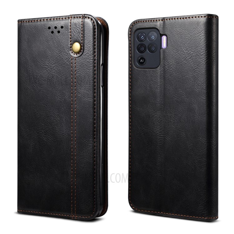 Oil Wax Surface PU Leather + Inner Soft TPU Phone Cover Case with Wallet Stand for Oppo A94/Reno5 Lite/Reno5 F - Black-1