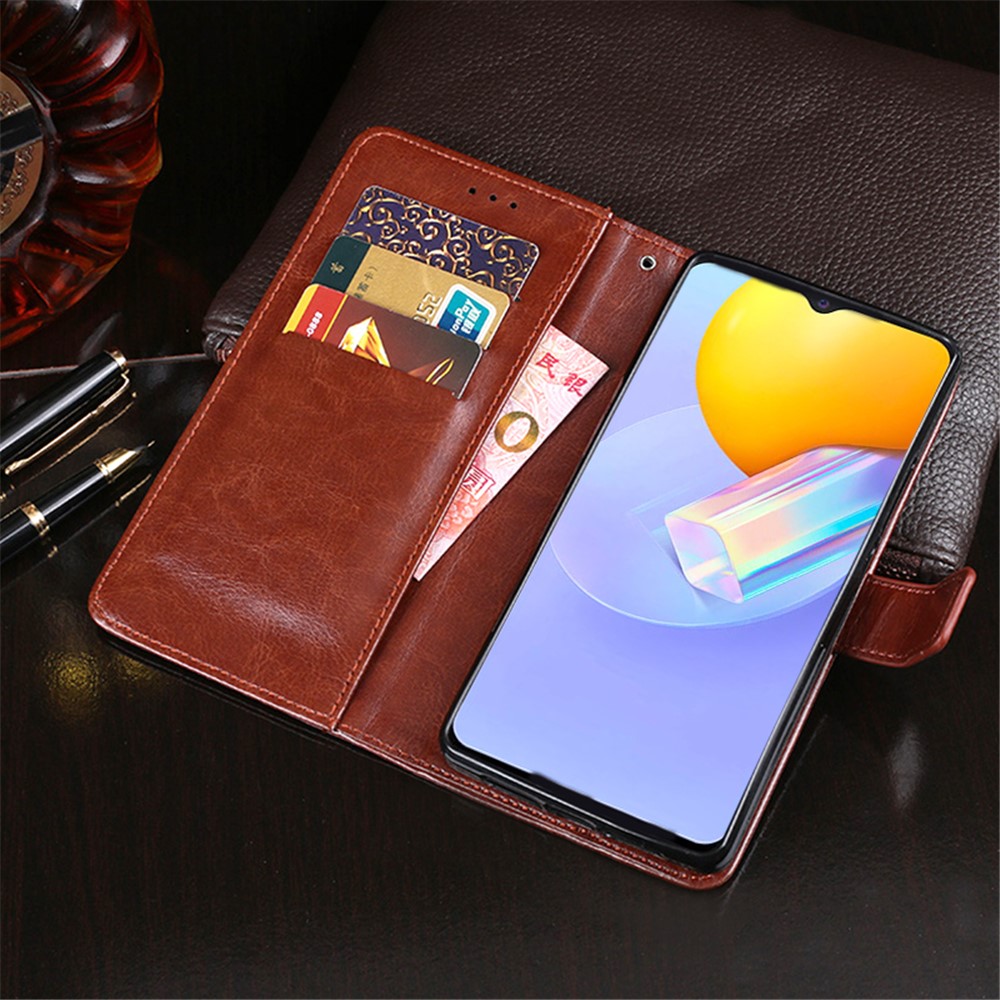 IDewei Folio Flip Crazy Change Texture Texture Кожаные Мобильные Оболочки С Бумажником Для Vivo Y31 (2021) - Коричневый-7