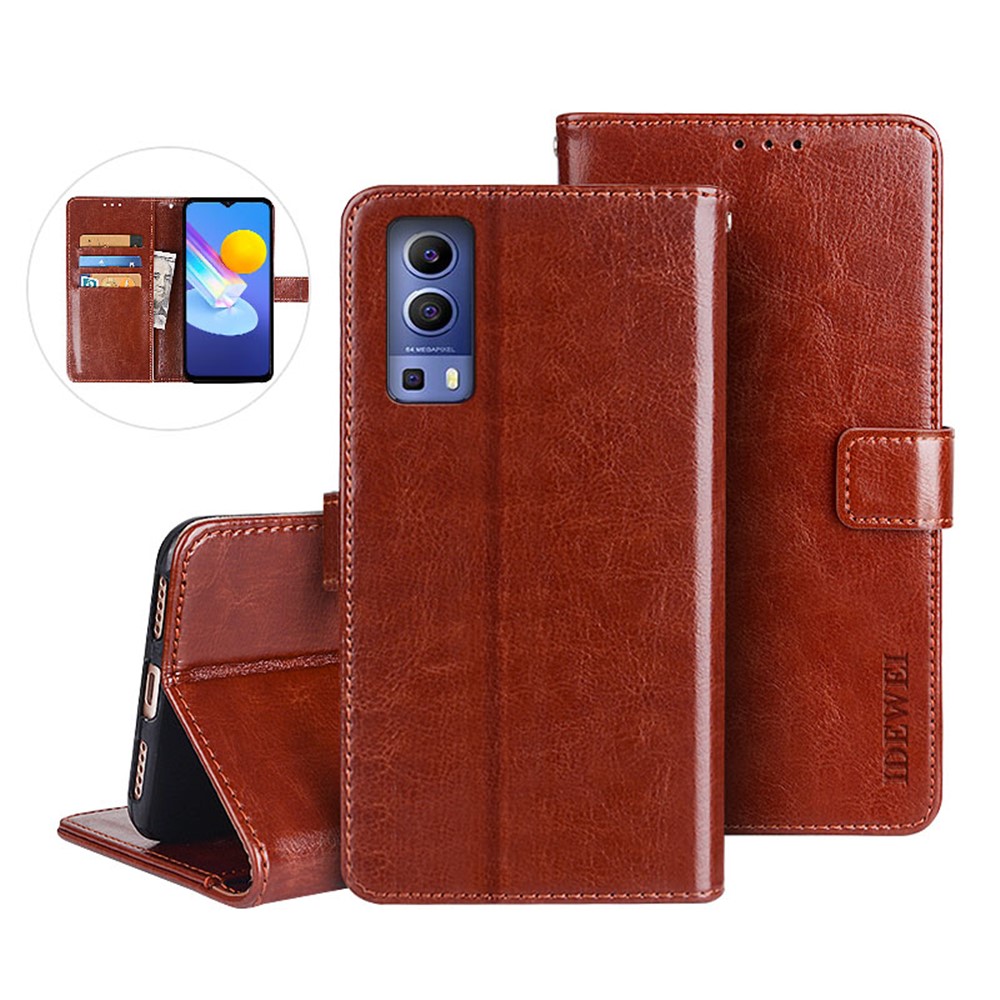 IDEWEI Crazy Horse Texture Leather Phone Cover Case with Wallet Stand for vivo Y72 5G - Brown-3