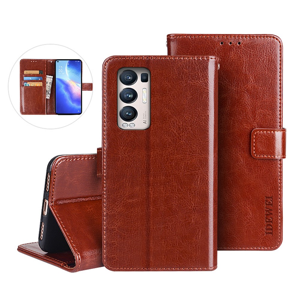 IDEWEI Folio Flip Crazy Horse Texture Leather Mobile Casing with Wallet Stand for Oppo Find X3 Neo - Brown-3