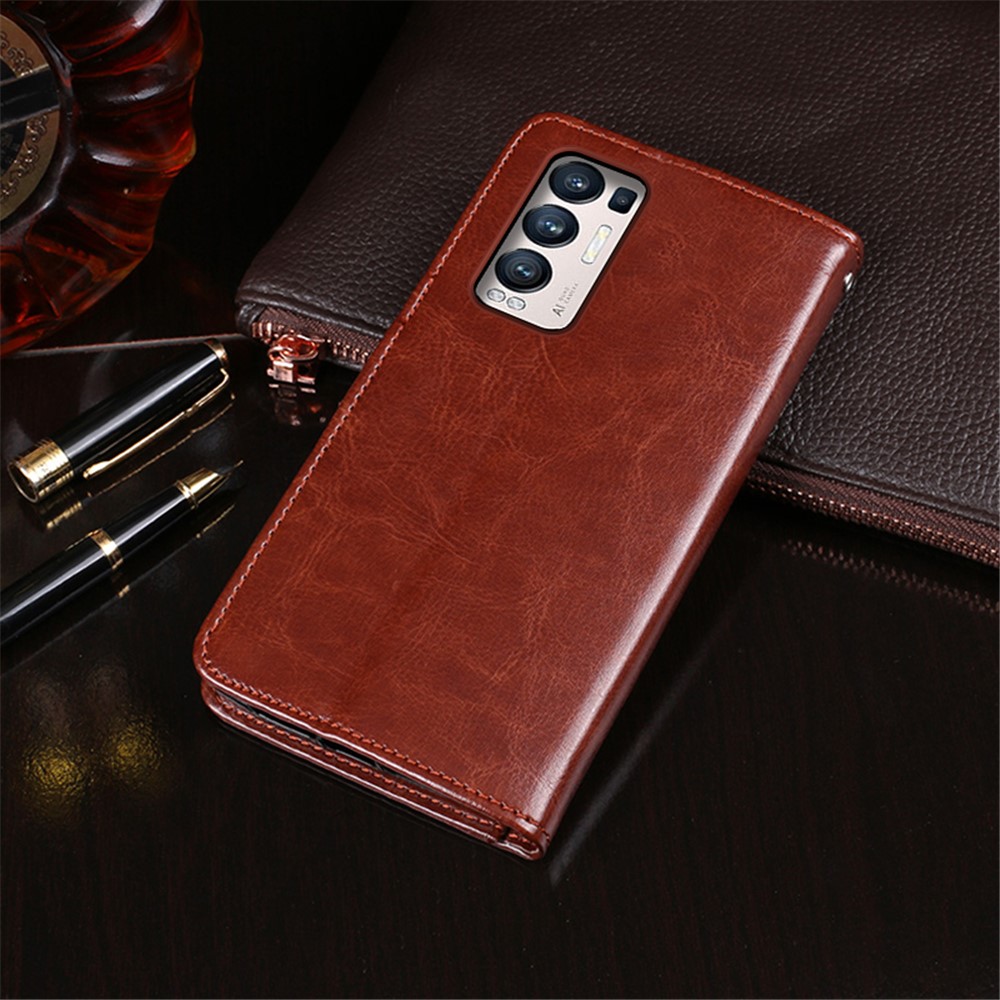 IDEWEI Folio Flip Crazy Horse Texture Leather Mobile Casing with Wallet Stand for Oppo Find X3 Neo - Brown-4