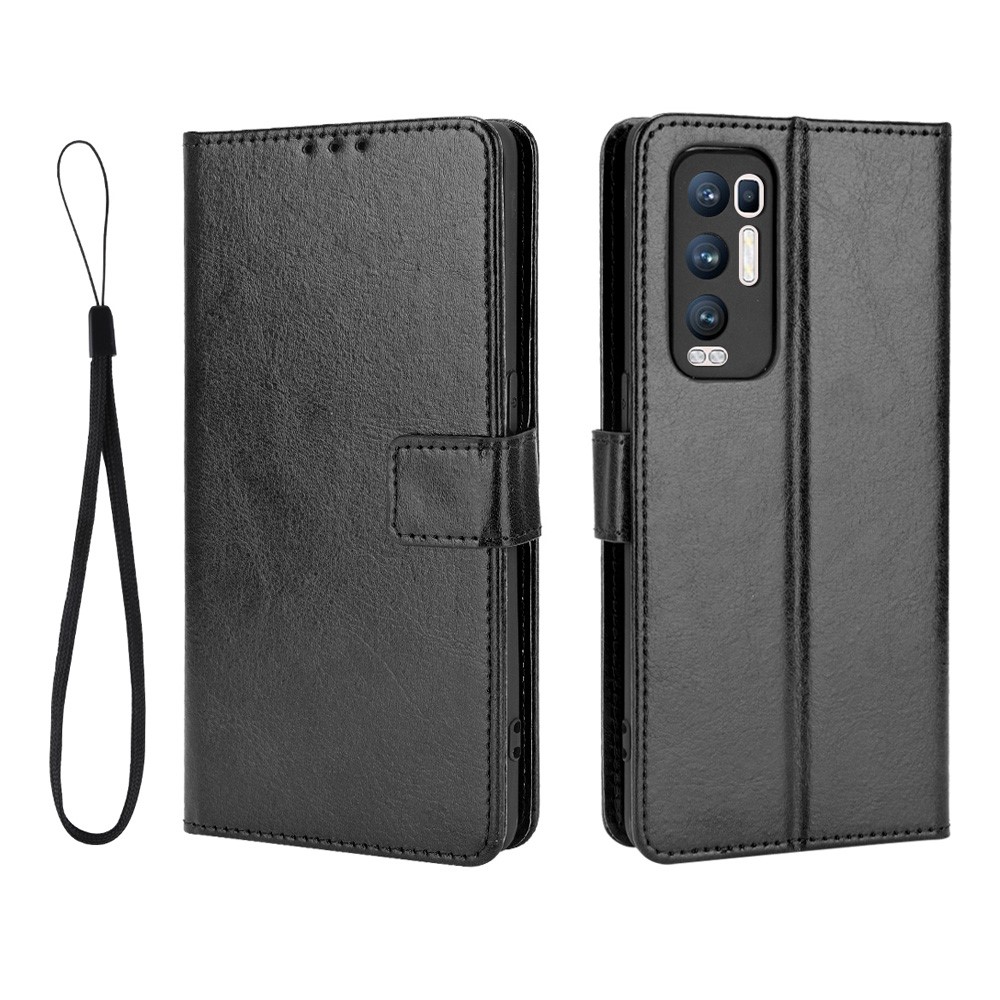 Crazy Horse Wallet Stand Leather Case with Strap for Oppo Reno5 Pro+ 5G / Find X3 Neo - Black-1