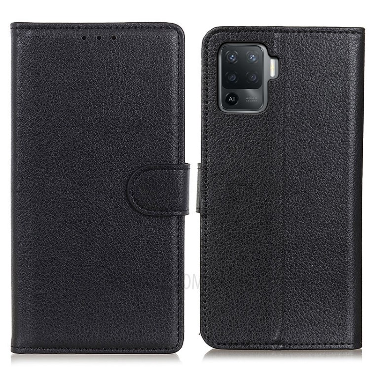 Litchi Skin Cell Phone Leather Wallet Stand Case for OPPO A94/F19 Pro - Black-1