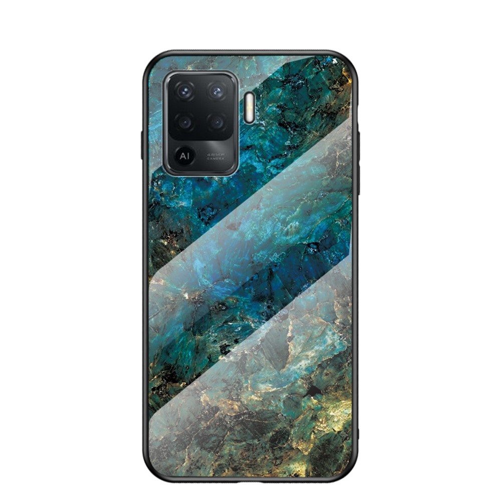 Marbling Pattern Design Well-Protected Anti-Scratch Tempered Glass Cell Phone Cover for Oppo A94/F19 Pro - Emerald Marble-1