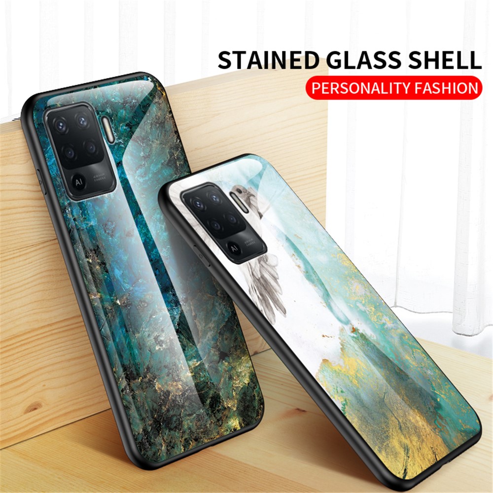 Marbling Pattern Design Well-Protected Anti-Scratch Tempered Glass Cell Phone Cover for Oppo A94/F19 Pro - Emerald Marble-2