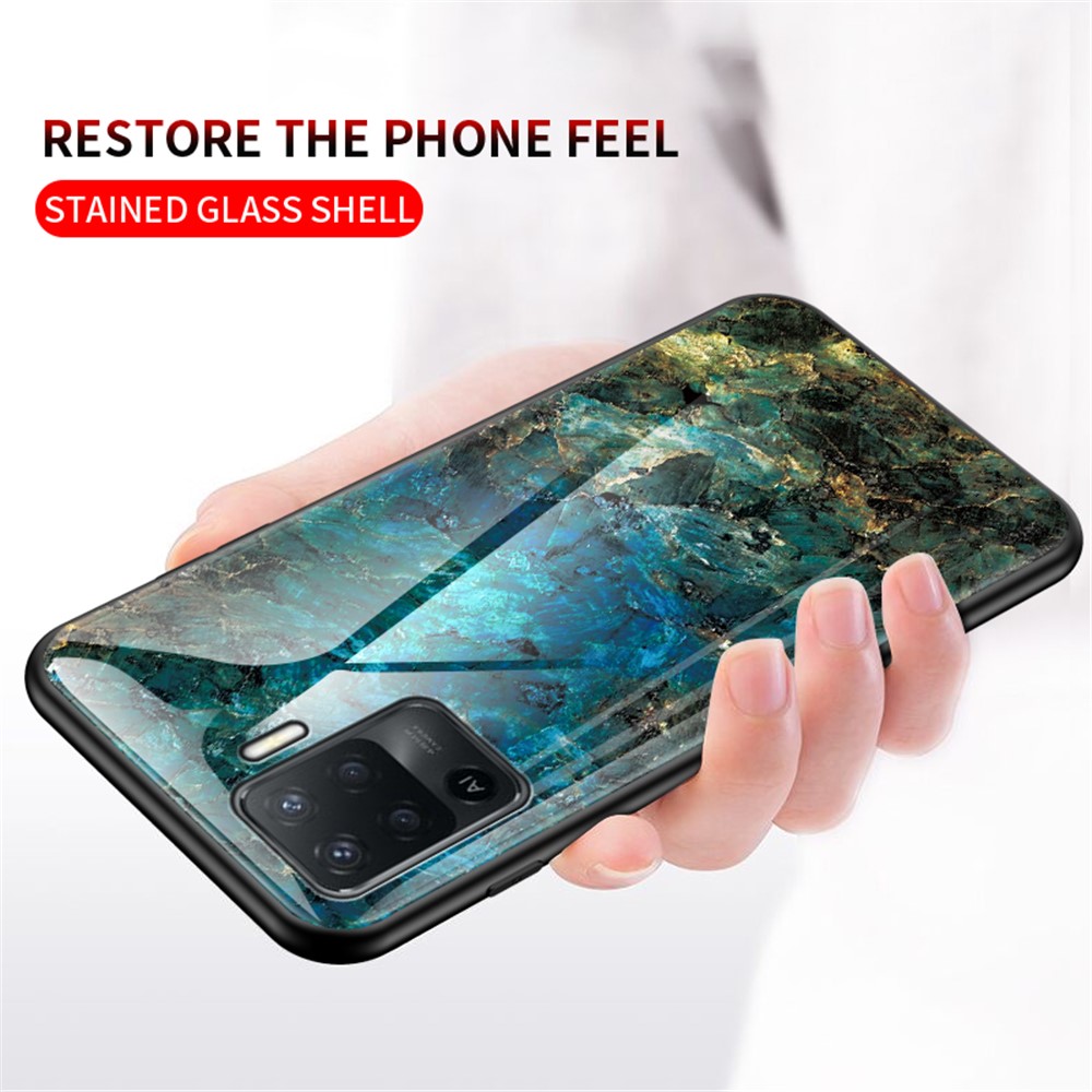 Marbling Pattern Design Well-Protected Anti-Scratch Tempered Glass Cell Phone Cover for Oppo A94/F19 Pro - Emerald Marble-3