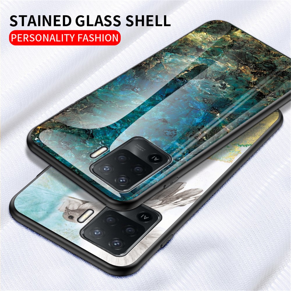 Marbling Pattern Design Well-Protected Anti-Scratch Tempered Glass Cell Phone Cover for Oppo A94/F19 Pro - Emerald Marble-4