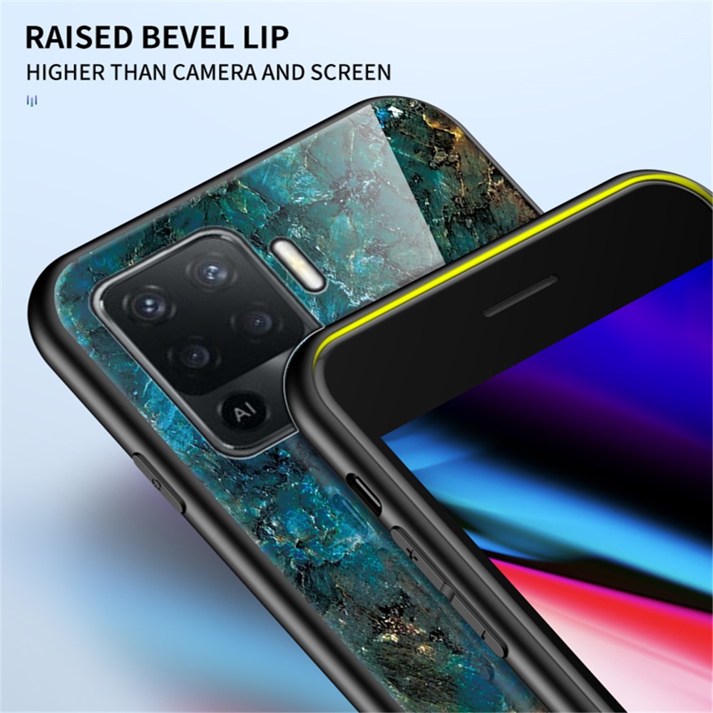 Marbling Pattern Design Well-Protected Anti-Scratch Tempered Glass Cell Phone Cover for Oppo A94/F19 Pro - Emerald Marble-5