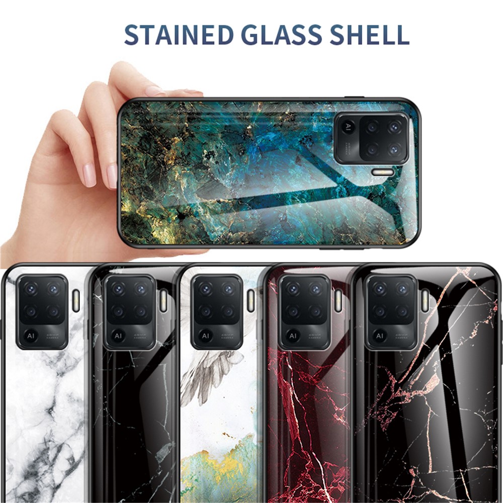Marbling Pattern Design Well-Protected Anti-Scratch Tempered Glass Cell Phone Cover for Oppo A94/F19 Pro - Emerald Marble-7
