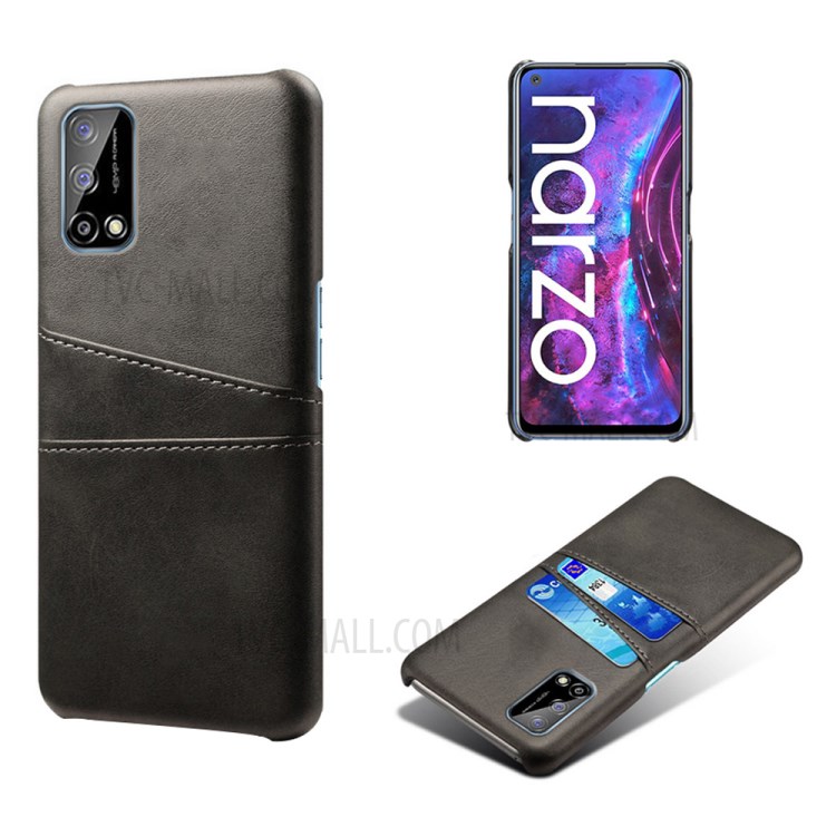 KSQ Double Card Slots PU Leather Coated PC Case for Realme Narzo 30 Pro - Black-1
