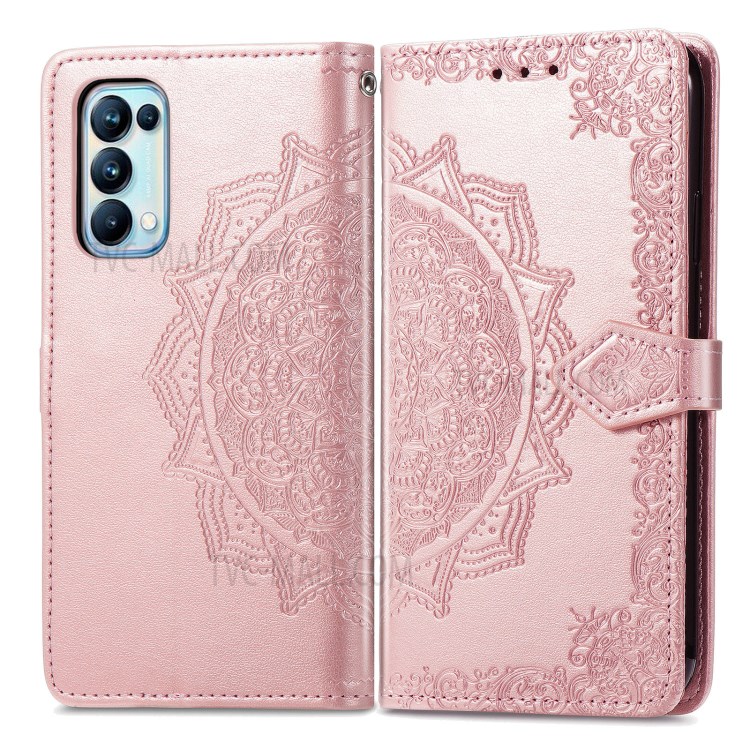 Imprinted Mandala Flower PU Leather Case with Wallet Stand Design for Oppo Reno5 Pro 5G - Rose Gold-1