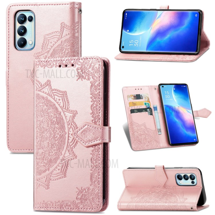 Imprinted Mandala Flower PU Leather Case with Wallet Stand Design for Oppo Reno5 Pro 5G - Rose Gold-11