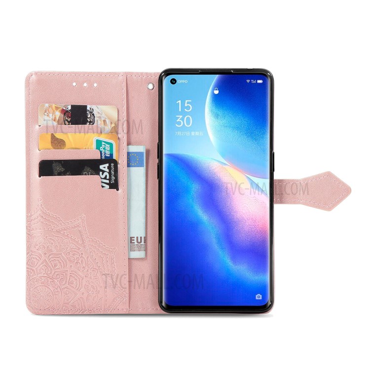 Imprinted Mandala Flower PU Leather Case with Wallet Stand Design for Oppo Reno5 Pro 5G - Rose Gold-3