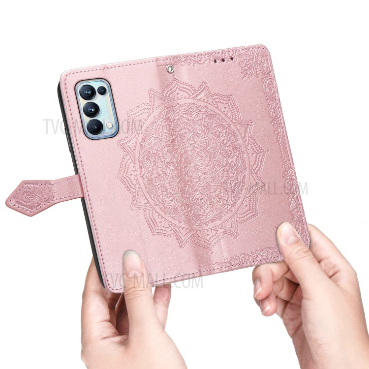 Imprinted Mandala Flower PU Leather Case with Wallet Stand Design for Oppo Reno5 Pro 5G - Rose Gold-4