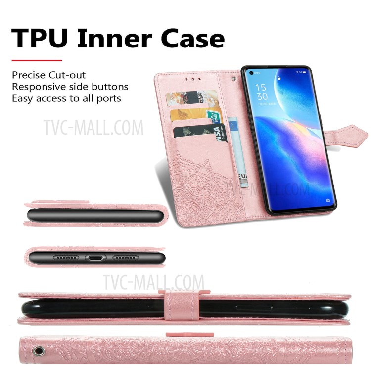 Imprinted Mandala Flower PU Leather Case with Wallet Stand Design for Oppo Reno5 Pro 5G - Rose Gold-6