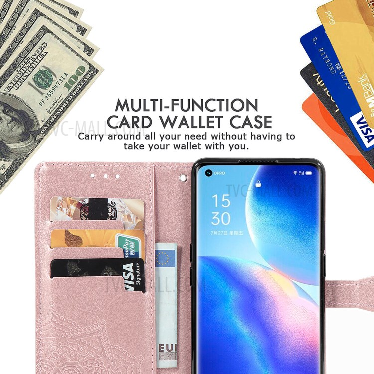 Imprinted Mandala Flower PU Leather Case with Wallet Stand Design for Oppo Reno5 Pro 5G - Rose Gold-9