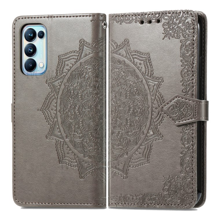 Imprinted Mandala Flower PU Leather Case with Wallet Stand Design for Oppo Reno5 Pro 5G - Grey-1