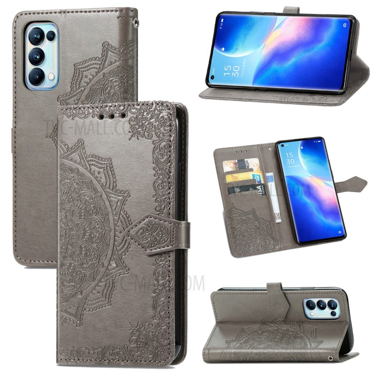 Imprinted Mandala Flower PU Leather Case with Wallet Stand Design for Oppo Reno5 Pro 5G - Grey-11