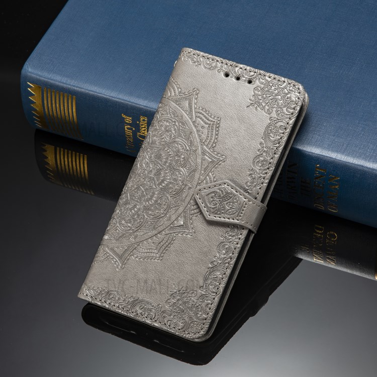 Imprinted Mandala Flower PU Leather Case with Wallet Stand Design for Oppo Reno5 Pro 5G - Grey-2