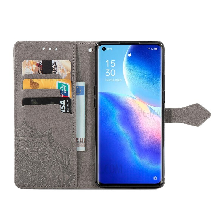 Imprinted Mandala Flower PU Leather Case with Wallet Stand Design for Oppo Reno5 Pro 5G - Grey-3