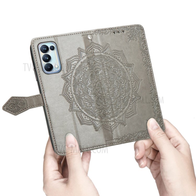 Imprinted Mandala Flower PU Leather Case with Wallet Stand Design for Oppo Reno5 Pro 5G - Grey-4
