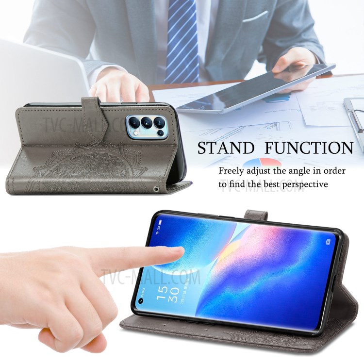 Imprinted Mandala Flower PU Leather Case with Wallet Stand Design for Oppo Reno5 Pro 5G - Grey-5