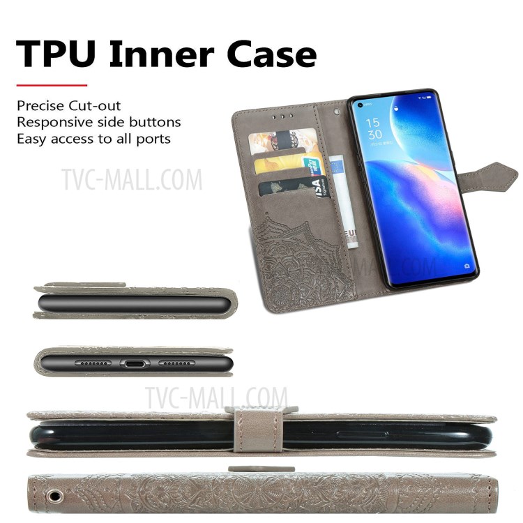 Imprinted Mandala Flower PU Leather Case with Wallet Stand Design for Oppo Reno5 Pro 5G - Grey-6