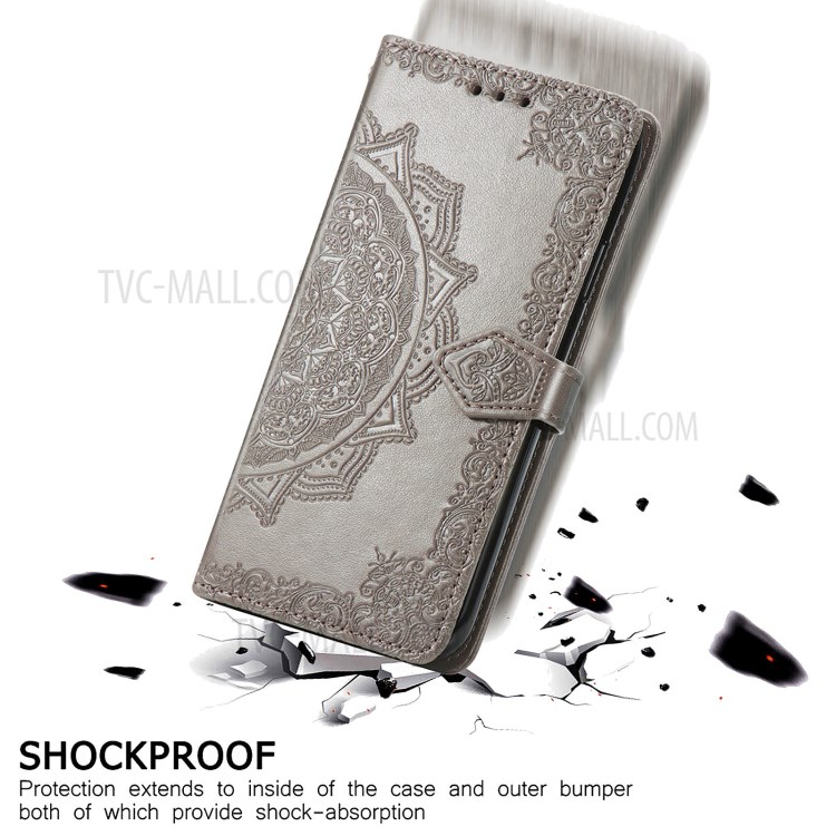 Imprinted Mandala Flower PU Leather Case with Wallet Stand Design for Oppo Reno5 Pro 5G - Grey-7