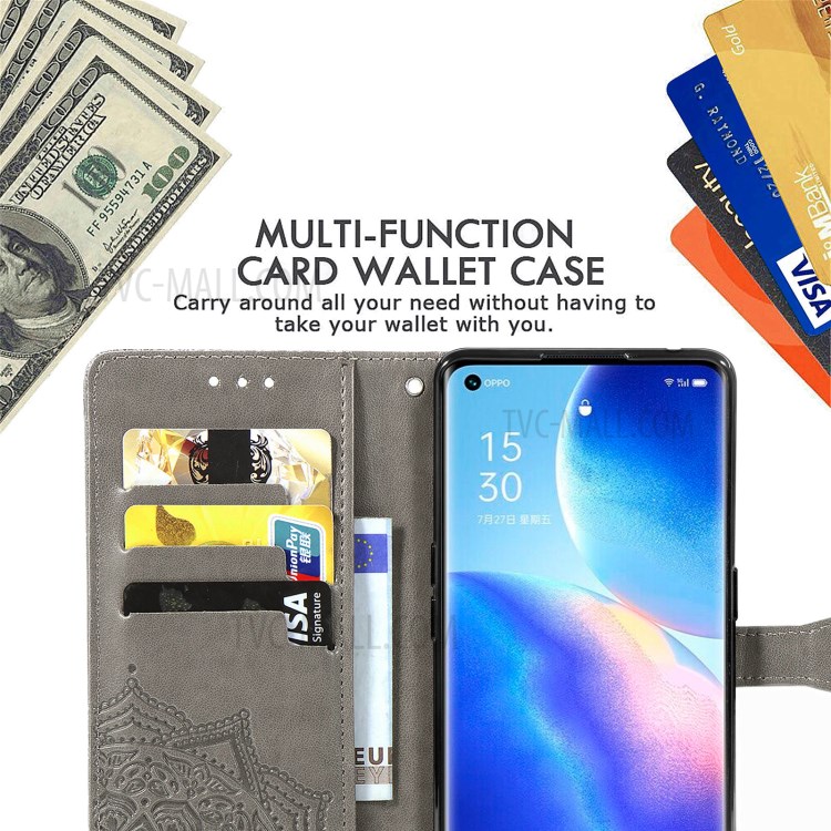 Imprinted Mandala Flower PU Leather Case with Wallet Stand Design for Oppo Reno5 Pro 5G - Grey-9