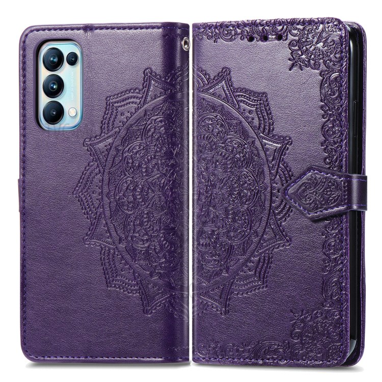 Imprinted Mandala Flower PU Leather Case with Wallet Stand Design for Oppo Reno5 Pro 5G - Purple-1