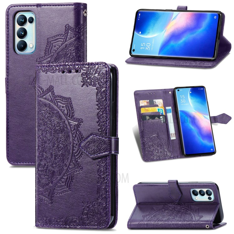 Imprinted Mandala Flower PU Leather Case with Wallet Stand Design for Oppo Reno5 Pro 5G - Purple-11