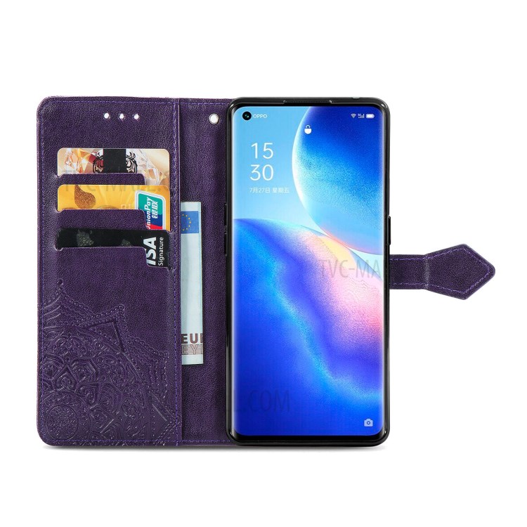 Imprinted Mandala Flower PU Leather Case with Wallet Stand Design for Oppo Reno5 Pro 5G - Purple-3